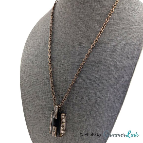 Ann Taylor Bronze Tone Geometric Pave Rhinestone Crystal Pendant Necklace - Picture 4 of 10